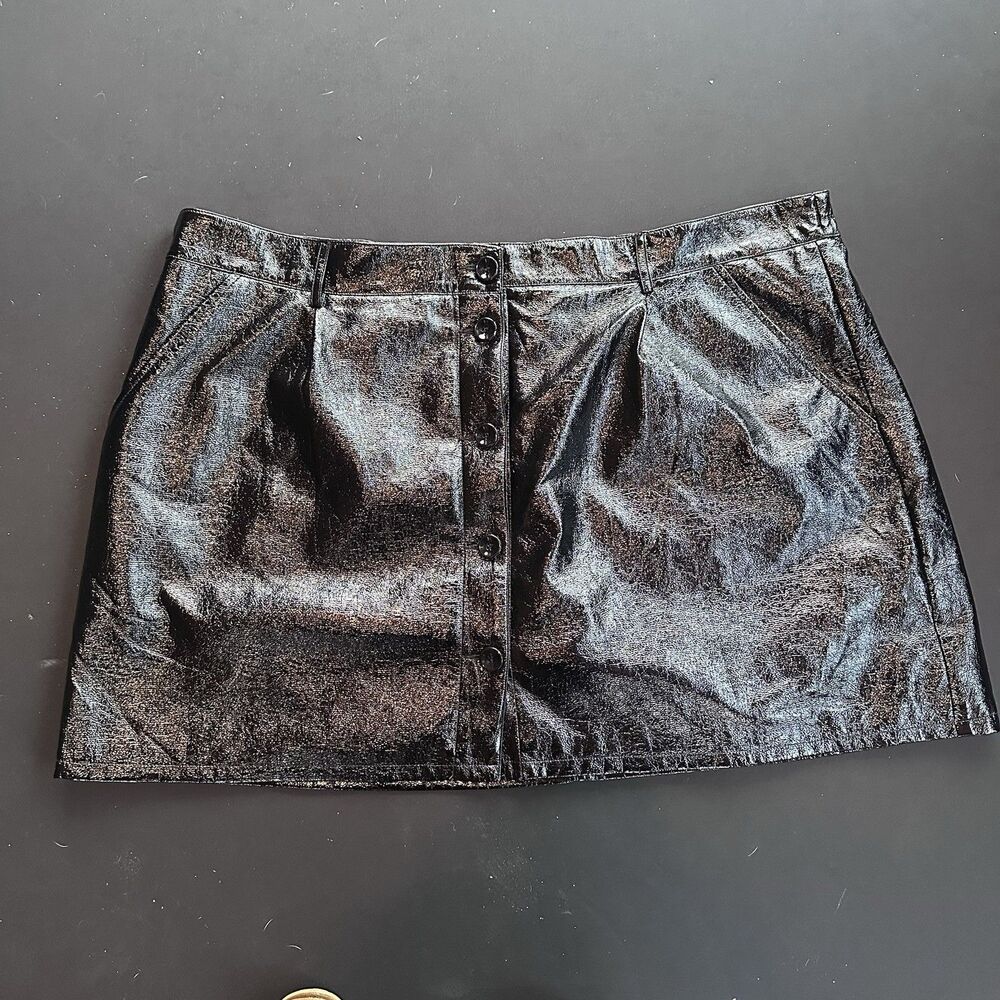 BP. + Wildfang Black Patent Faux Leather Button Front Mini Skirt 3X